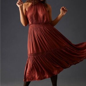 Anthropologie Tiered Halter Dress Pleated Ruffled Smocked Waist Brown Rose 4